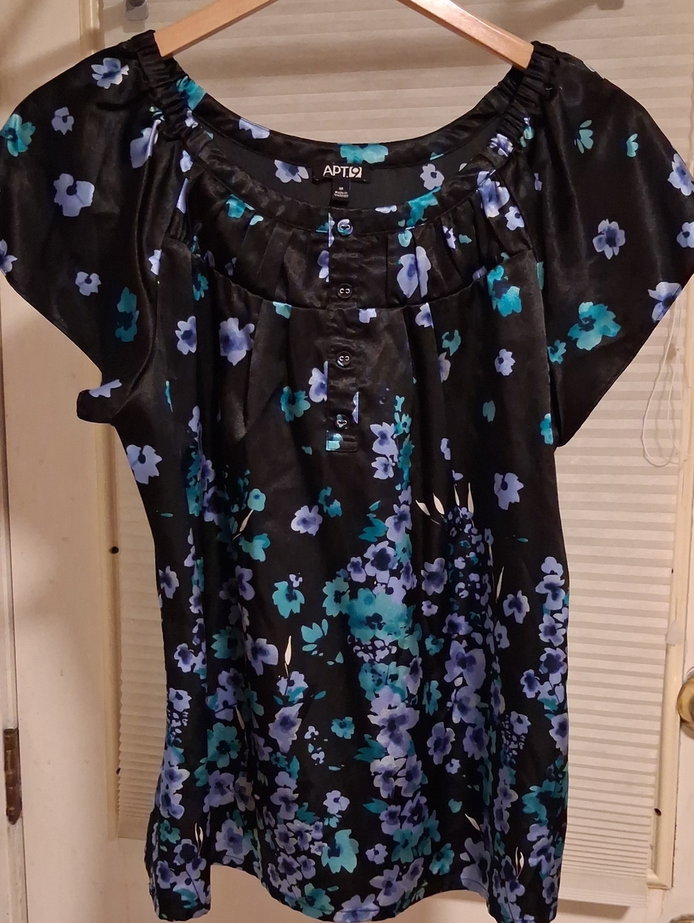 Apt. 9 Black Floral Blouse with Blue & Teal Flowers